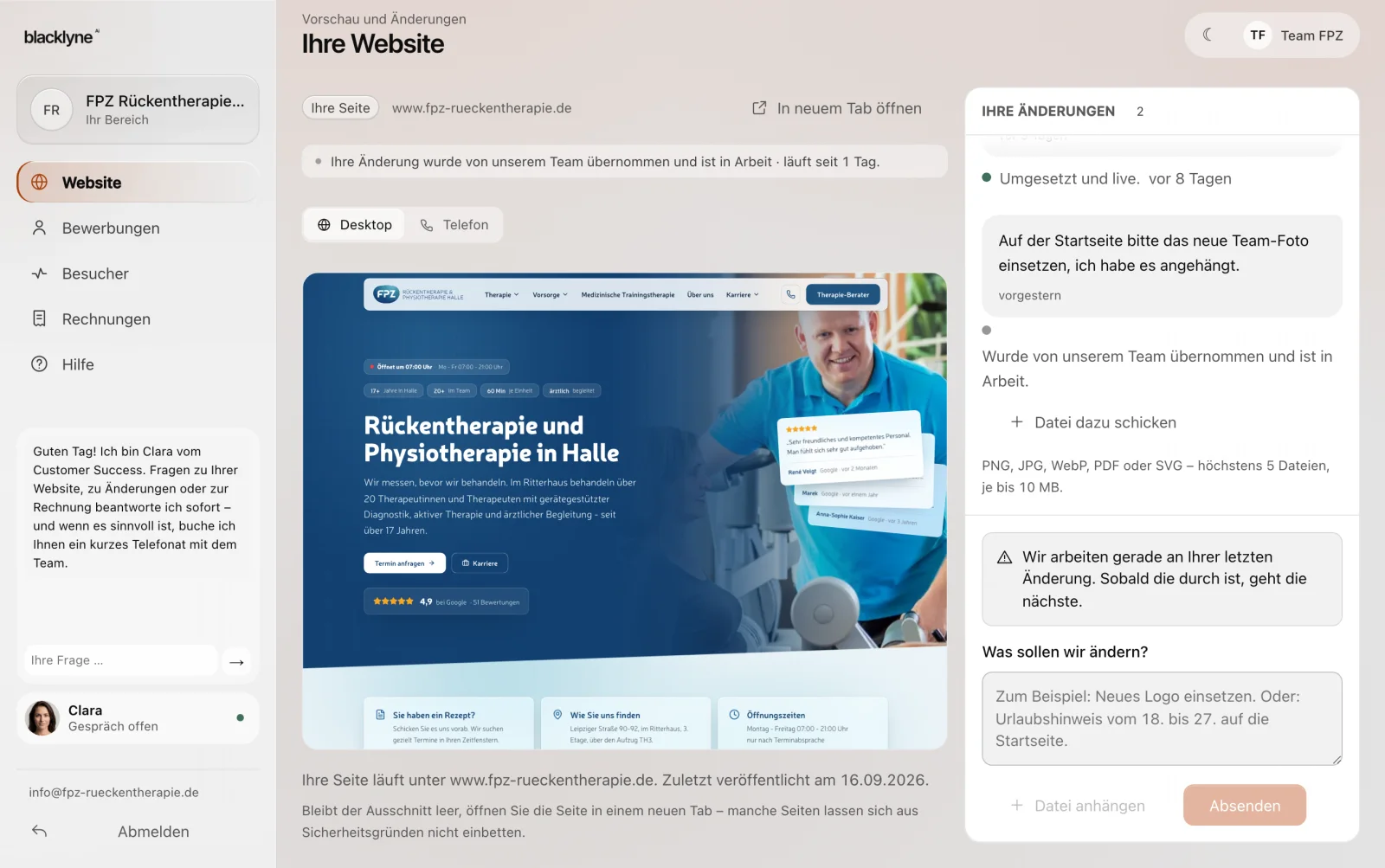 Das Kundenportal von Blacklyne: Vorschau der eigenen Website, offene Änderungswünsche und Besucherzahlen